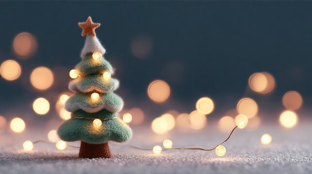 Festive miniature christmas tree with warm lights and bokeh background
