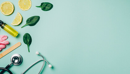 Wellness concept featuring fresh spinach, lemon slices, olive oil and a stethoscope, perfect for health, nutrition, and medical topics with copy space