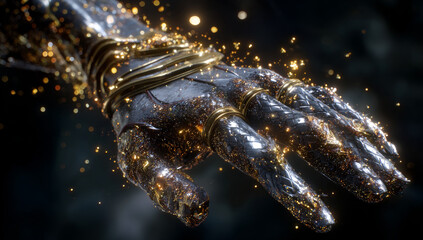 Close-up of an ornate, metallic hand with golden particles.