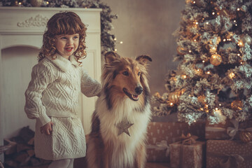 H&uuml;bsches kleines M&auml;dchen mit Locken steht mit ihrem rough Collie  sable vor dem Weihnachtsbaum zu Weihnachten, Abendstimmung mit Lichtern Var. 3