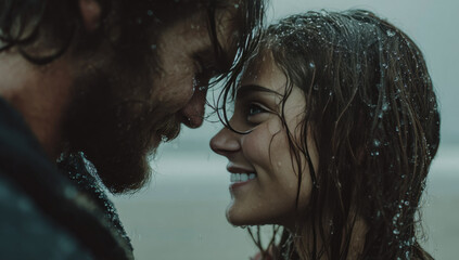 Romantic encounter in the rain - A couples intimate moment of connection.