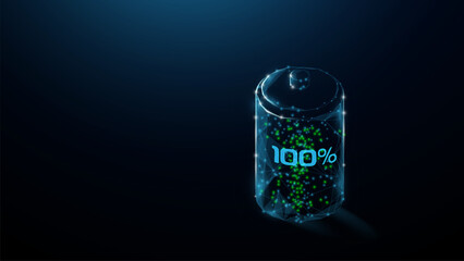 Battery charge icon. Battery electrical energy and power concept. Polygonal and wireframe glowing style