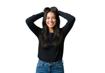 Joyful young woman with long dark hair, wearing a black top and blue jeans, smiling broadly with hands in her hair.