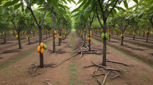Freshly pruned cacao orchard aerial dolly-in
