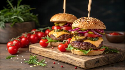 Two gourmet cheeseburgers with juicy patties, melted cheese, crisp lettuce, red onion, and ripe tomatoes, on a wooden board