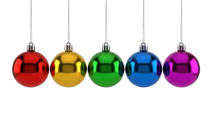 Five colorful christmas ornaments hanging in a row on transparent background