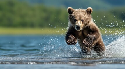 Young kamchatka brown bear catching salmon in kuril lake, russia, running and playing in water action scene