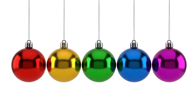 Five colorful christmas ornaments hanging in a row on transparent background - Powered by Adobe