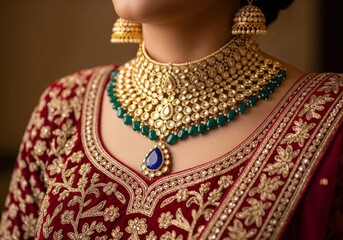 Exquisite Indian Bridal Jewelry Set with Emeralds and Sapphire Pendant.