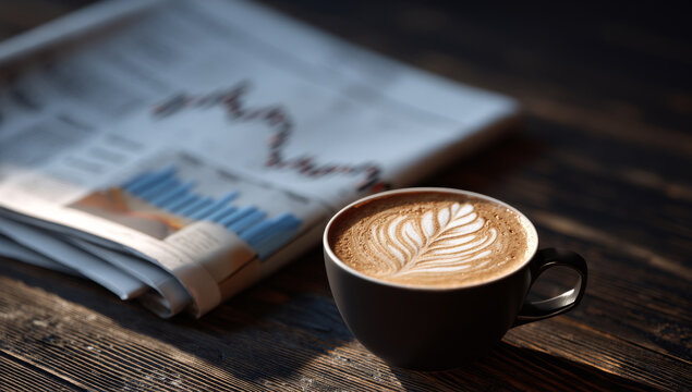 Morning Ritual - Coffee and Newspaper on Rustic Wooden Table.