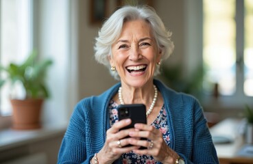 Happy senior woman laughs while looking at her smartphone screen, holding phone with both hands. She wears a blue cardigan and pearl necklace, indoors with a blurred background and a plant.