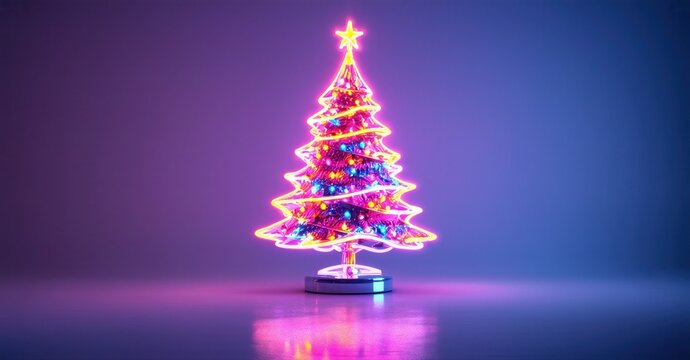 Neon Christmas tree glows brightly. Festive illumination creates vibrant reflections, perfect holiday scene. Minimalist design, dark background.