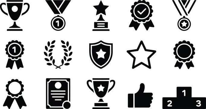 An extensive range of fifteen black silhouette icons illustrating symbols of victory, honor, and distinguished success