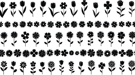 Set of Black Icons for Spring Bloom, Simple Floral Design, Nature Decoration, and Botanical Graphics.