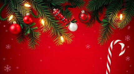 Christmas tree with red and gold decorations on a festive winter background