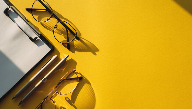 Modern workspace mockup featuring clipboard, sleek pens, and stylish glasses bathed in warm sunlight perfect for creative projects and office branding