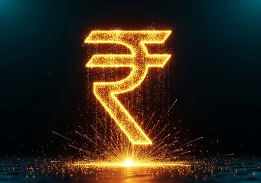 Glowing Indian Rupee Symbol with Fiery Sparks and Digital Energy.