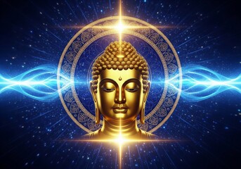 Golden Buddha Head Radiating Spiritual Energy and Cosmic Light with Starry Background.