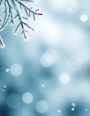 A frozen winter branch with frost on a blurred cold background with soft snow highlights and the atmosphere of a frosty morning