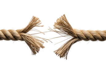 Fragile Rope Breaking in Stress With Natural Fiber Texture, Cut Out, Clipping Path, Isolated on a Transparent PNG Background.
