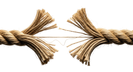 Rope Snapping Apart Under Pressure With Loose Threads, Cut Out, Clipping Path, Isolated on a Transparent PNG Background.