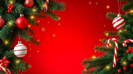 Christmas tree branches decorated with red baubles and festive ornaments