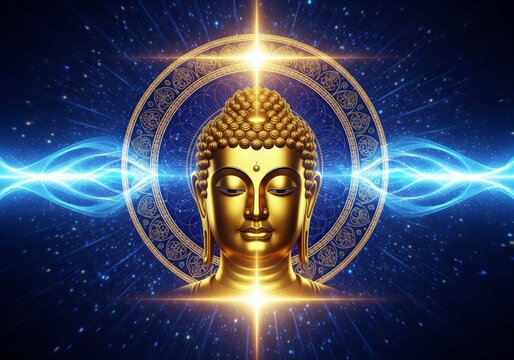 Golden Buddha Head Radiating Spiritual Energy and Cosmic Light with Starry Background.