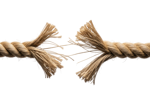 Fragile Rope Breaking in Stress With Natural Fiber Texture, Cut Out, Clipping Path, Isolated on a Transparent PNG Background.
