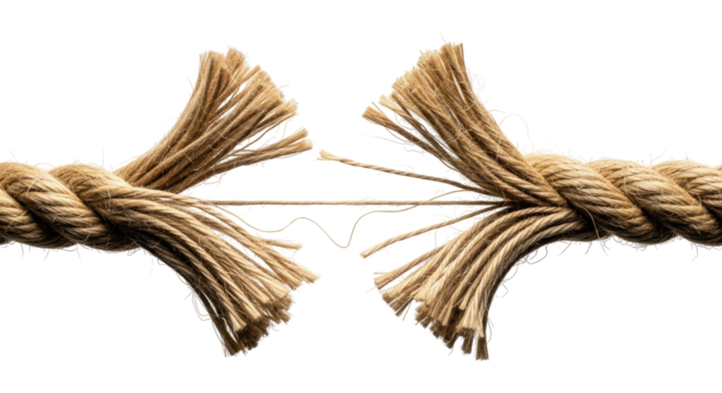 Rope Snapping Apart Under Pressure With Loose Threads, Cut Out, Clipping Path, Isolated on a Transparent PNG Background.