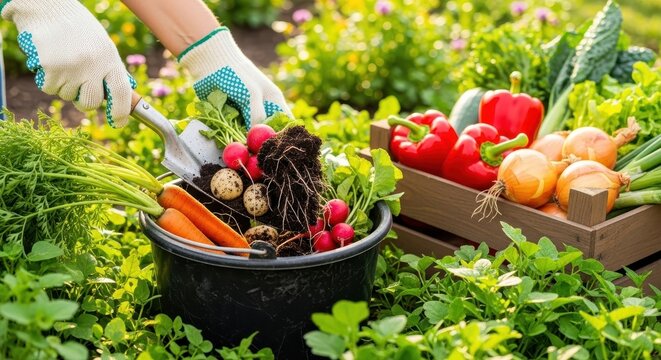 Gardener harvesting fresh vegetables from garden in summer sunlight - Powered by Adobe