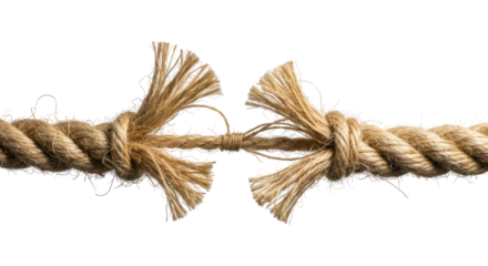 Stress Worn Rope Breaking With Torn And Frayed Strands, Cut Out, Clipping Path, Isolated on a Transparent PNG Background.