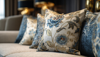 Elegant decorative pillows on a stylish sofa in living room.