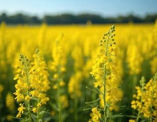 Obraz premium Yellow rapeseed flowers bloom in vast field under bright blue sky. Sun illuminates agriculture crop, showing vibrant nature, green stems. Canola plants grow tall, ready for harvest, producing
