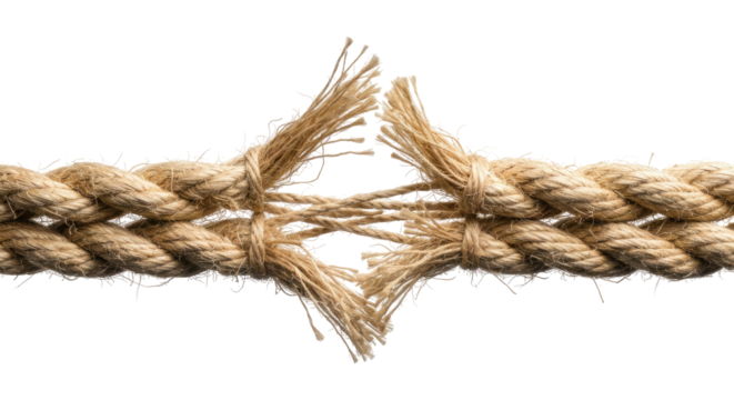 Damaged Rope Snapping Under Force With Rough Fibers, Cut Out, Clipping Path, Isolated on a Transparent PNG Background.