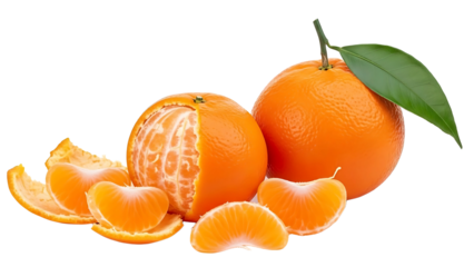 Mandarins with leaf and peeled segments on transparent background