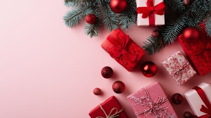 Festive Christmas scene with red gifts, baubles, and evergreen branches, set against a soft pink backdrop for holiday cheer.