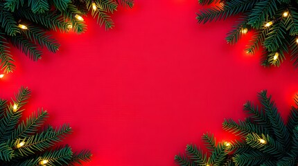 Festive Christmas and New Year holiday background frame with green pine tree branches, red ornaments, and winter decorations
