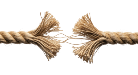 Frayed Rope Breaking Under Pressure, Cut Out, Clipping Path, Isolated on a Transparent PNG Background.