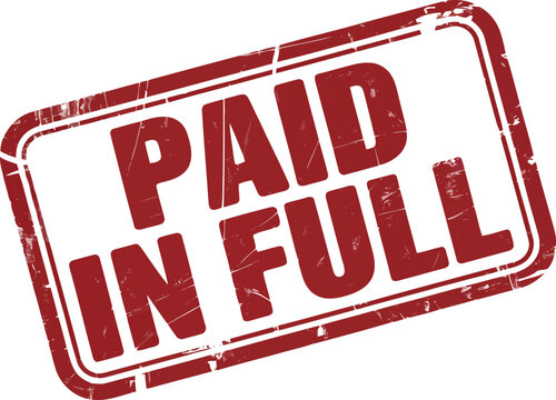 Red grunge stamp displaying PAID IN FULL message on a clean white surface, indicating complete payment status