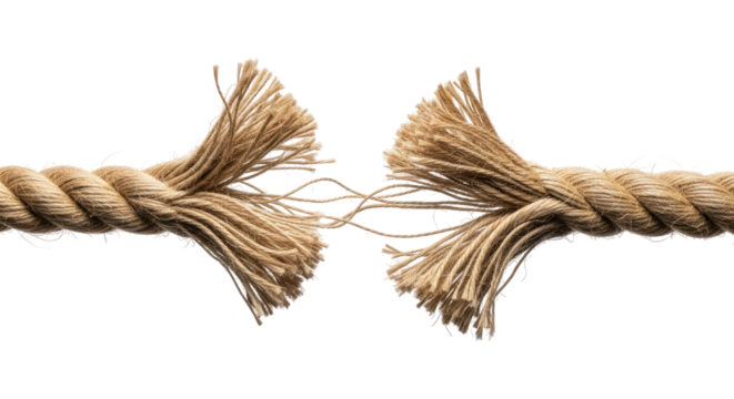 Frayed Rope Breaking Under Pressure, Cut Out, Clipping Path, Isolated on a Transparent PNG Background.