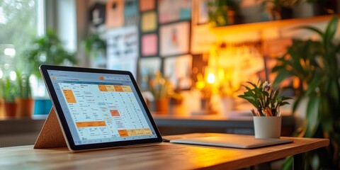 Modern home office showing project management software on tablet screen