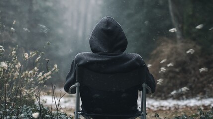 A solitary figure in a hoodie sits on a chair amidst a snowy forest, embracing tranquility and nature's beauty.
