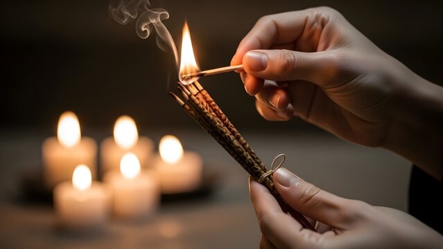 Person lighting incense sticks, serene setting with candles and muted warm lighting, detailed textures on hands and incense. 
