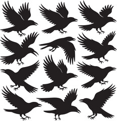 Obraz premium Silhouette Raven Vector Image Collection Pattern Flying Bird Vector Set