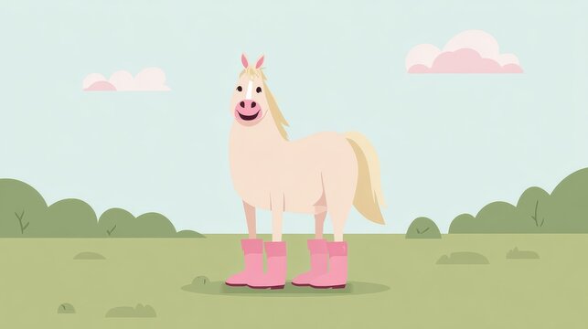 Cartoon horse standing green field, wearing pink cowboy boots all four legs, humorous surreal fashion concept, postcard viral marketing, country style, trend, Western, branding, quirky advertisement
