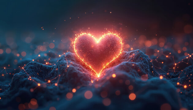 Glowing heart shape symbolizes love connectivity and digital data flow across networks. Futuristic abstract art with light particles and nodes on dark background, representing innovation and energy.