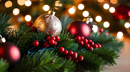 Obraz premium Festive christmas decorations with ornaments and berries