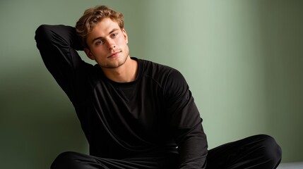 Young man in black outfit sitting leisurely against a green background, exuding a calm and composed demeanor.