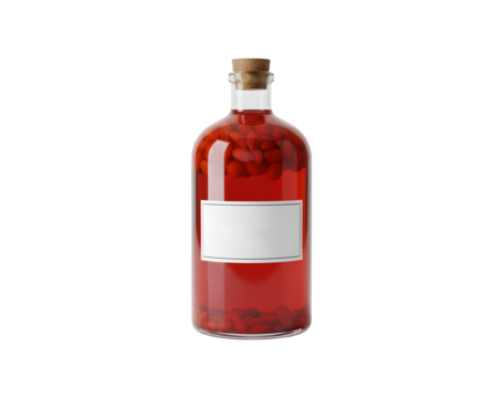 Making goji berry tincture - a side view of a glass filled with goji berry infusion, set against a white background.

