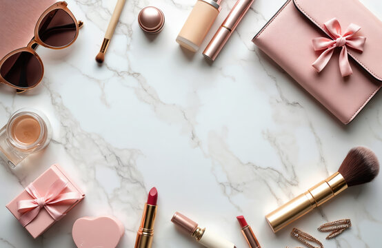 Luxury makeup collection laid flat on marble. Includes lipsticks, foundation, brush, and accessories. Perfect for beauty blogs, fashion magazines, and product displays.